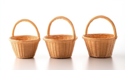 Crafted wicker baskets showcasing intricate design and timeless elegance against a pure white backdrop