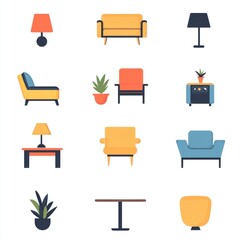 Colorful and Modern Furniture Collection Featuring Chairs, Tables, Lamps, and Indoor Plants in a Simple Pattern, Perfect for Interior Design Themes