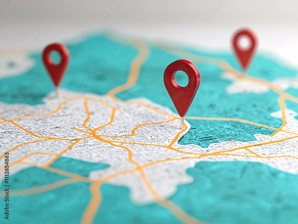 Poster detailed map with red location pins indicating specific points of interest, showcasing vibrant color