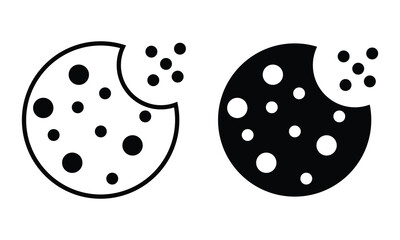 Cookie icons. Cookie concept vector icons set. Outline style and black filled symbol cookie icon, vector isolated on white background. Vector illustration.