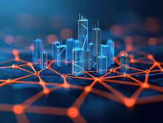 Digital cityscape with network connections, showcasing futuristic architecture and technology. vibrant blue and orange colors create dynamic atmosphere