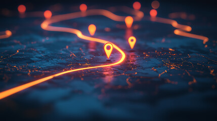 3D rendering shows a glowing orange route on a dark map with location markers It depicts GPS navigation or location tracking