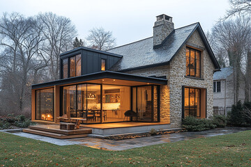Modern Stone House with Glass Extension and Deck