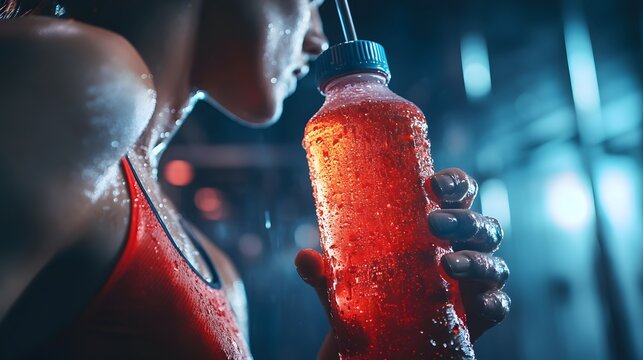 Sweaty athlete quenches thirst with a refreshing electrolyte sports drink after an intense workout.  Rehydration is key!