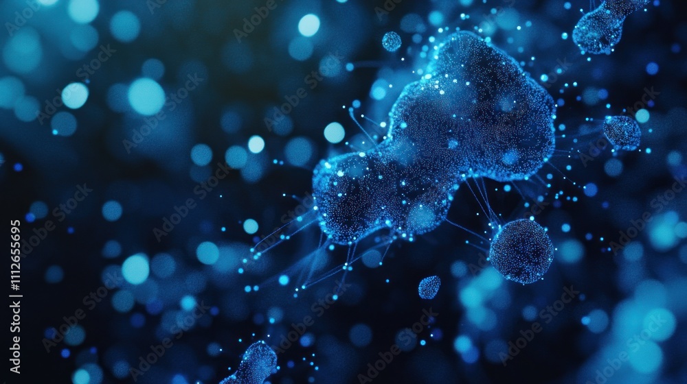 Poster abstract blue network of interconnected particles, resembling cells or molecules, floating in dark s