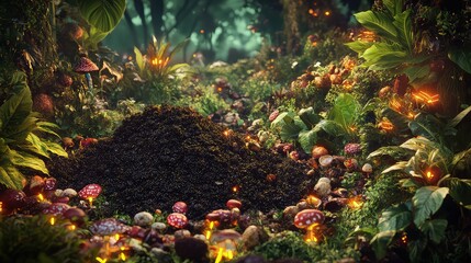 A verdant, lush outdoor space with illuminating mushrooms and colorful plants surrounding piles of decomposing leftover food that are turning into rich, dark compost