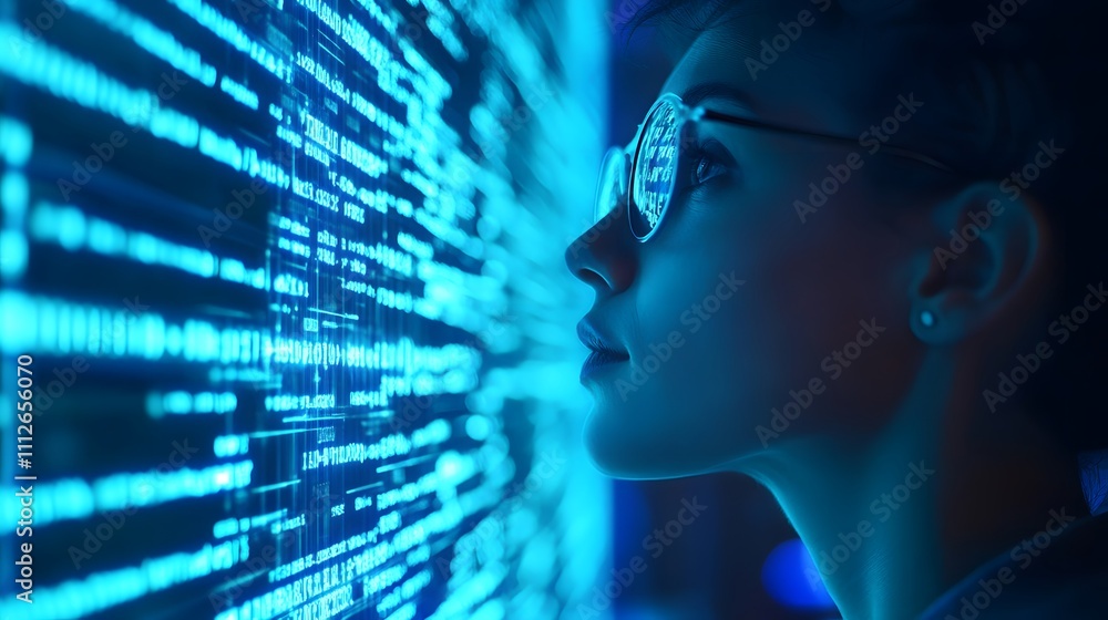 Poster intrigued analyst scrutinizes glowing digital data stream; futuristic tech unveiled.