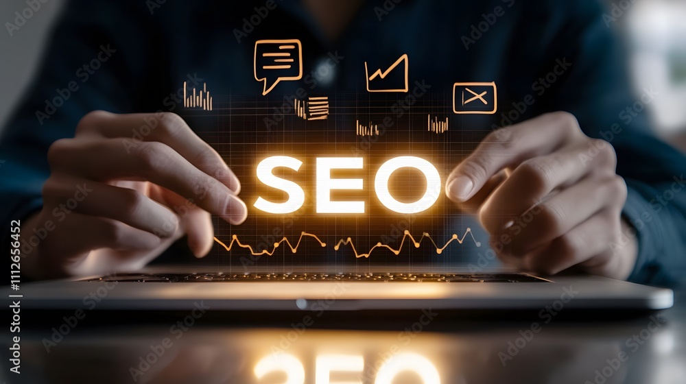 Poster mastering seo: a digital marketer optimizes search engine optimization metrics for improved online v