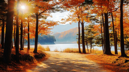 the beautiful landscape of Nami island during the autumn foliage, Korea.
