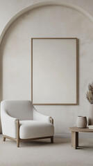Interior design of modern living room with accent white armchair and frame on wall,White sofa and accent coffee table against arch wall,japandi interior design of modern