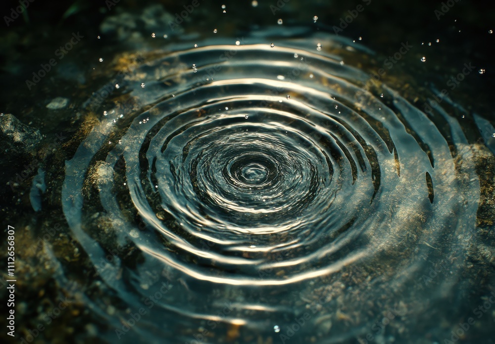Poster close-up view of circular ripples forming in clear water creating an abstract pattern amidst subtle 