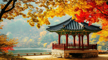 the beautiful landscape of Nami island during the autumn foliage, Korea.