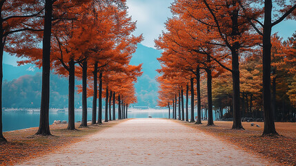 the beautiful landscape of Nami island during the autumn foliage, Korea.