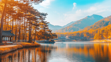 the beautiful landscape of Nami island during the autumn foliage, Korea.