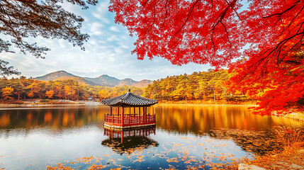 the beautiful landscape of Nami island during the autumn foliage, Korea.