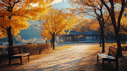 the beautiful landscape of Nami island during the autumn foliage, Korea.