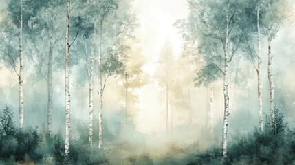 watercolor forest scene with slender birch trees and soft green foliage, fading into a misty white sky