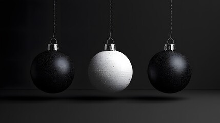 Elegant monochrome Christmas ornaments hanging against a dark background.  A minimalist festive design.