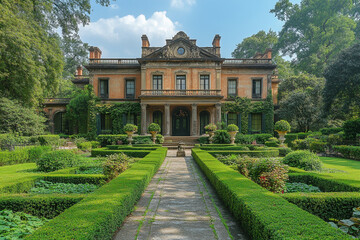 Obraz premium Grand Mansion with Formal Gardens on a Sunny Day