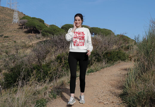 Mockup Of Woman Walking In Customized Sweatshirt