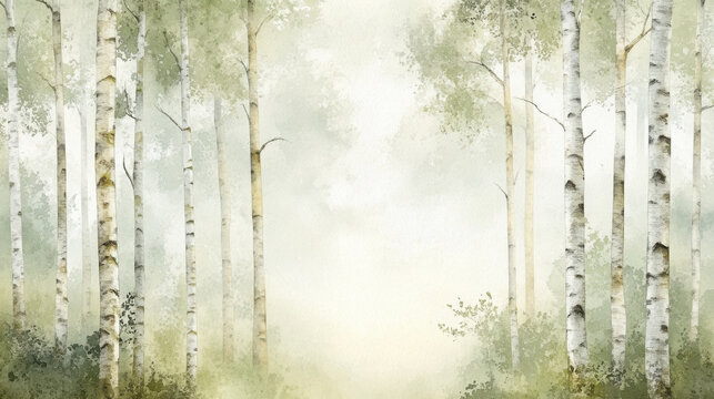 watercolor forest scene with slender birch trees and soft green foliage, fading into a misty white sky