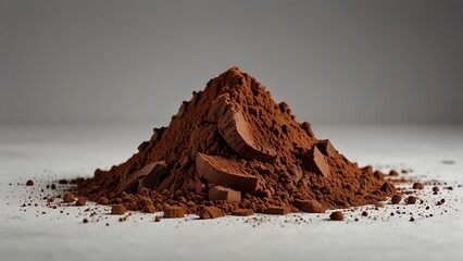 A pile of freshly sifted cocoa powder on a white surface, with cocoa beans visible at the bottom of the pile.