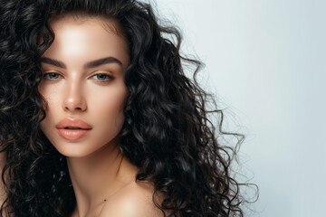 Naklejka premium Young beautiful woman with clear skin and black curly hair. Studio portrait. Beauty, skincare, and hair care concept, isolated on a white background with copy space.