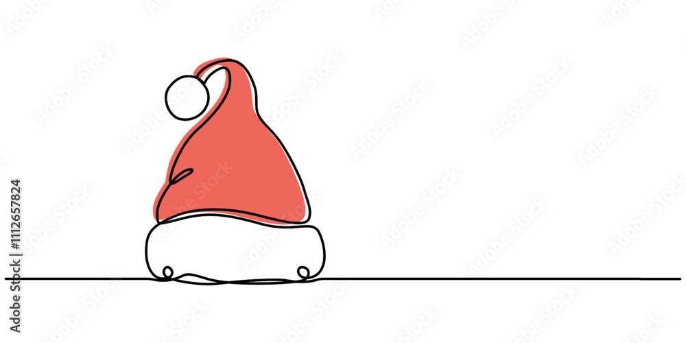 Poster santa claus hat continuous one line drawing. christmas or new year concept, one continuous line draw