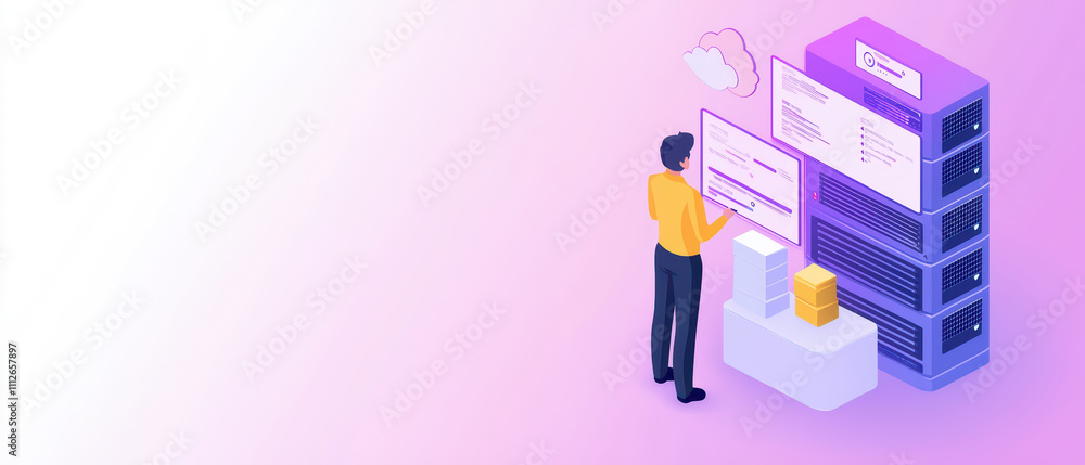 Poster man interacting with data servers and screens in modern digital workspace, showcasing technology and