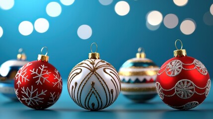 A vibrant display of beautifully decorated Christmas ornaments on a blue background, capturing the festive spirit of the holiday season.