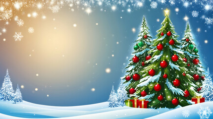 Christmas background featuring pine trees, snow, ice, gifts, Christmas decoration, holiday spirit, festive times, use as graphic resource, card invitation