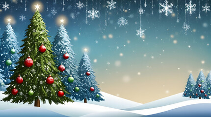 Obraz premium Christmas background featuring pine trees, snow, ice, gifts, Christmas decoration, holiday spirit, festive times, use as graphic resource, card invitation