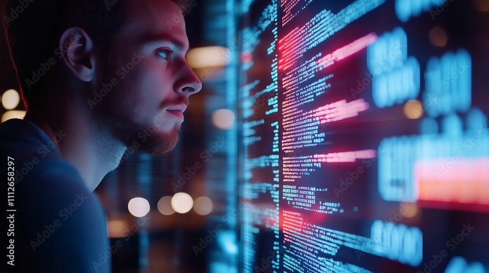 Poster young man analyzing digital code in a modern workspace during nighttime, showcasing focus and concen