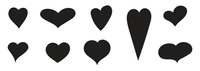 Set of different simple hearts. Black heart icons. Vector silhouettes of hearts of different shapes for websites, cards, design, Valentine's day.