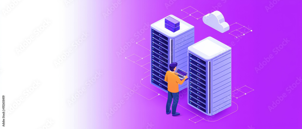 Poster managing server data in virtual cloud environment with storage units. image showcases person interac