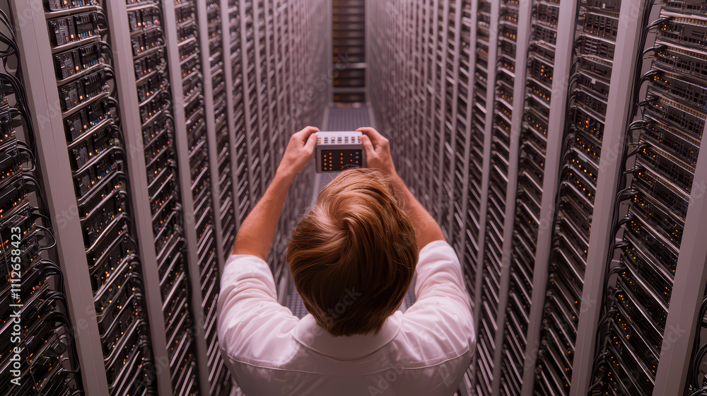 Poster person inspecting data storage servers in modern data center, showcasing advanced technology and org