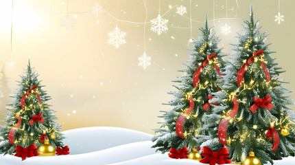 Christmas background featuring pine trees, snow, ice, gifts, Christmas decoration, holiday spirit, festive times, use as graphic resource, card invitation