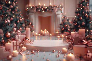 A Christmas scene with a white pedestal in the middle surrounded by candles