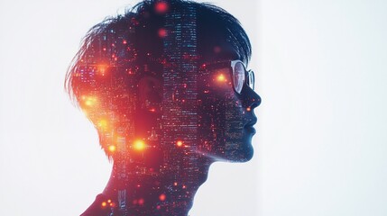 A double exposure of the silhouette profile of an Asian man wearing glasses, with digital city lights and lines on a white background


