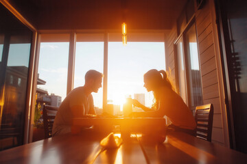 A man and a woman are leisurely sitting at a table in front of a window, enjoying the beautiful view as the sun sets on the horizon. Milk Consumption Trend, World Milk Day, Dairy Products