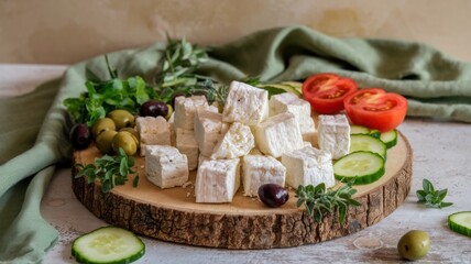 A dish with Arabic cheese, which includes small pieces of white crumbly cheese, is served with fresh herbs, olives and slices of cucumber and tomato. The cheese is served on a wooden board.