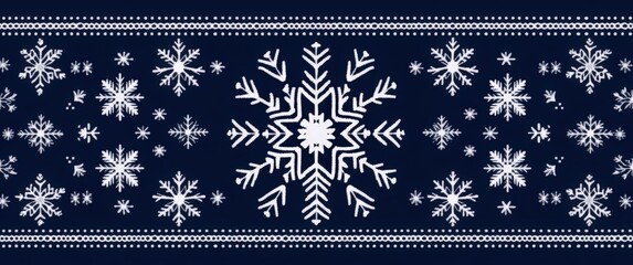 Obraz premium Sweater pattern design, Nordic style with snowflake motifs and simple lines in a dark blue color scheme. White stars