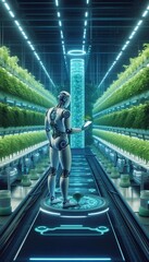 Futuristischer Roboter in einer Hydroponik-Forschungsanlage