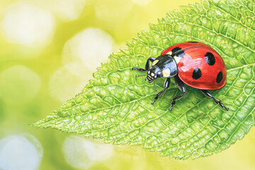 Fototapeta premium vibrant ladybug perched on lush green leaf, showcasing its striking red and black colors against soft, blurred background