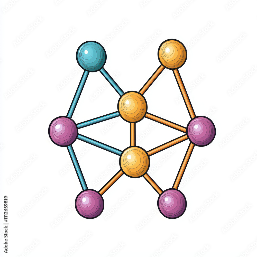 Poster colorful nodes and connections create abstract network design, showcasing vibrant spheres interconne