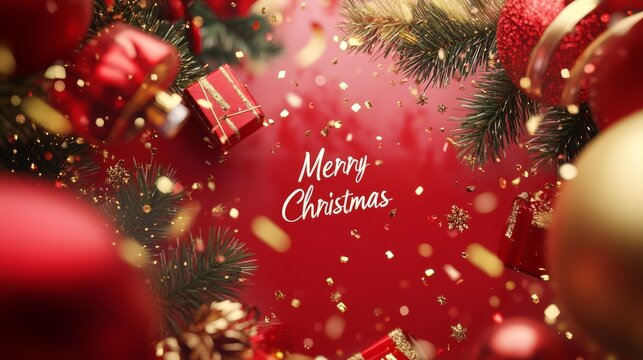 Red Christmas background with gold particles, pine needles, gift boxes and other decorations, balloons, Christmas theme, Merry Christmas inscription