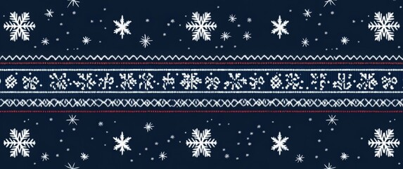Sweater pattern design, Nordic style with snowflake motifs and simple lines in a dark blue color scheme. White stars