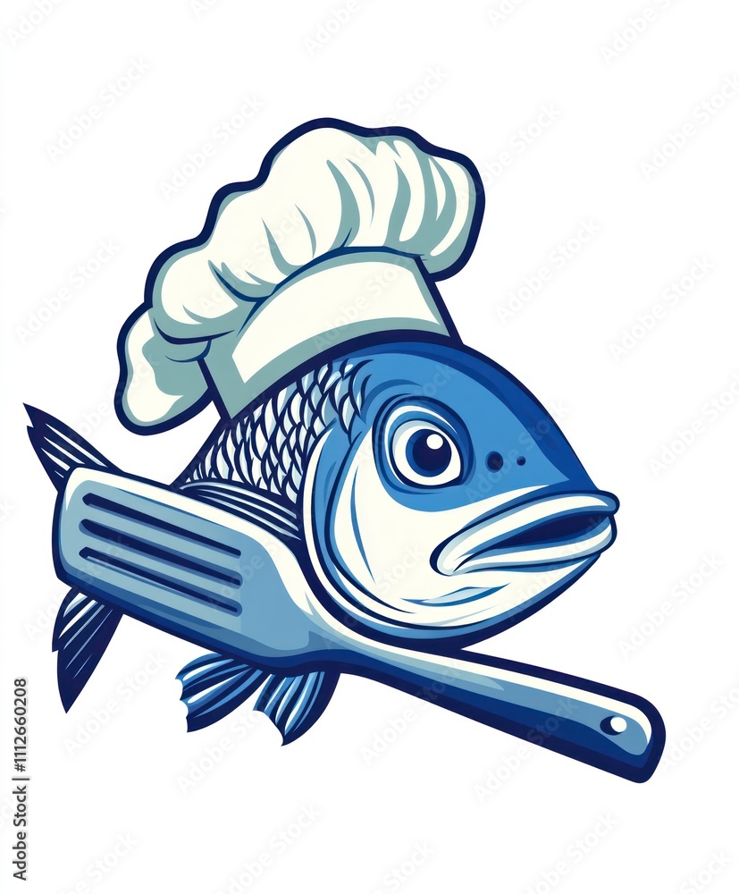 Poster here's a possible and keyword list for your image.. cartoon chef fish holding spatula.