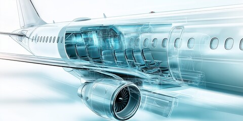 A 3D wireframe model of a commercial airplane displays intricate details of aviation design, structure and mechanics. Generative AI