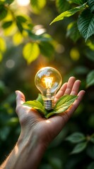 Close-up of a lighted light bulb on hands with a leaf in a natural environment. Concept of green energies